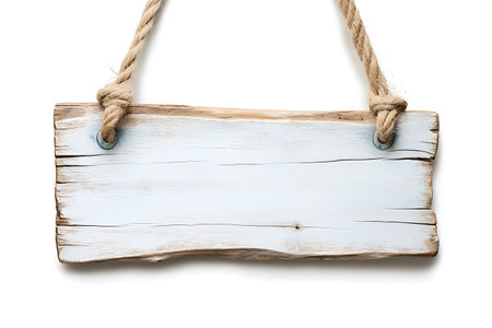Wooden signboard with rope on white background, clipping path includedの写真素材