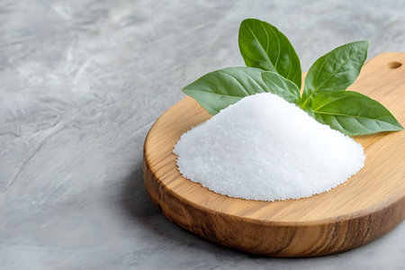 Sea salt with basil leaves on wooden cutting board on grey background.の写真素材