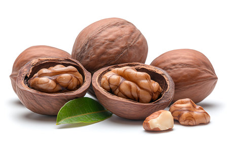 Walnuts with leaves isolated on the white background. Clipping Path