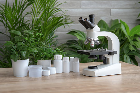 Microscope and plants on wooden table in laboratory. 3d renderの写真素材