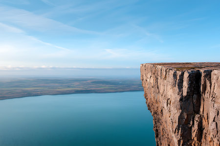 Aerial view of the cliff edge on the lake and blue skyの写真素材