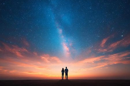 Couple in love looking at the starry sky and Milky Way