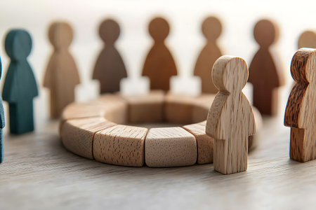 Wooden figures of people stand in a circle. The concept of teamwork and cooperation.