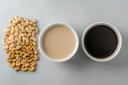 Cup of coffee and cashew nuts on gray background, top viewの写真素材