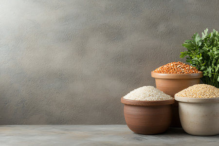 Bowls with different types of grains on table against grey backgroundの写真素材