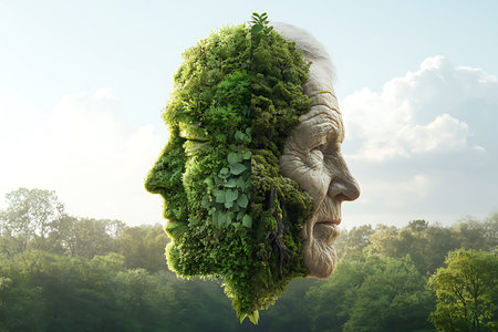 Human head covered with green moss. Ecology concept. 3D Rendering