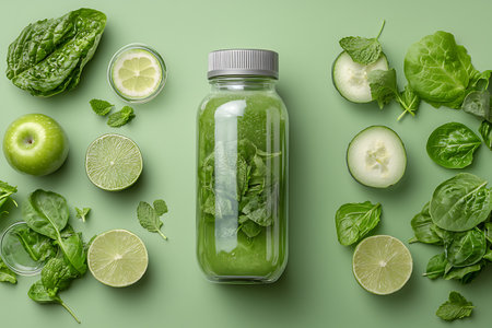 Green smoothie in bottle with ingredients on green background, top viewの写真素材