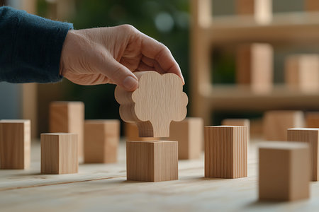 Hand of businesswoman arranging wooden blocks on table in office. Business concept.