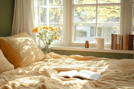Comfortable bed with book and cup of coffee on window sill at home