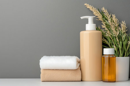 Set of cosmetic products and towels on table against grey wall, closeupの写真素材