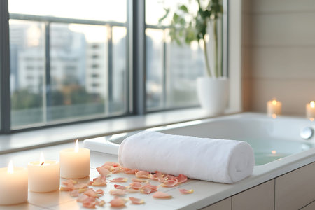 Towel with rose petals and candles on countertop in bathroom