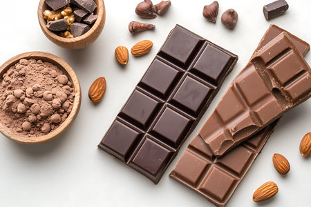 Chocolate bars, cocoa powder and nuts on white background, top view