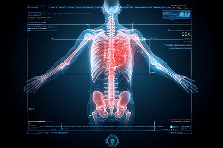 X-ray image of human body with highlighted skeleton on dark background