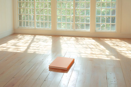 Book on the wooden floor in a room with window and sunlight.