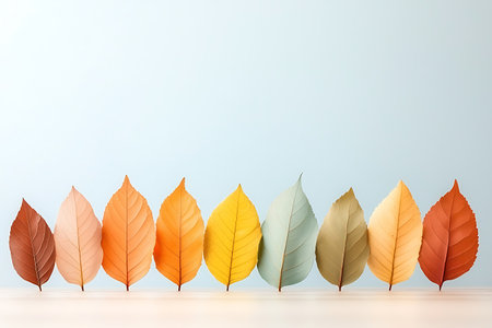 Autumn leaves on a light blue background. 3d rendering.の写真素材