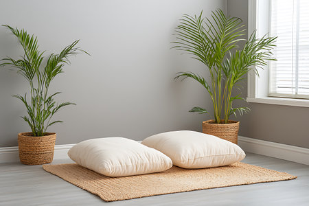Interior of modern living room with two pillows and plants.の写真素材