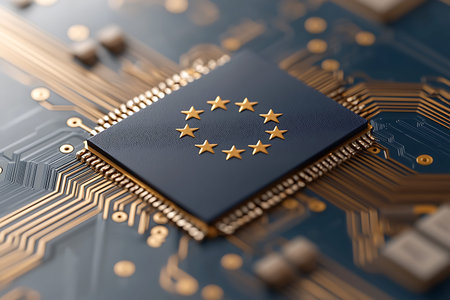 Close-up view of electronic circuit board with golden stars. Technology concept
