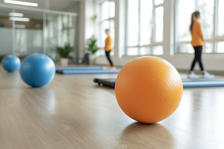 fitness, sport, training, gym and lifestyle concept - group of people exercising with fitness ball in gymの写真素材