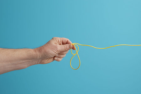 Man's hand holding a yellow string on a blue background with copy space
