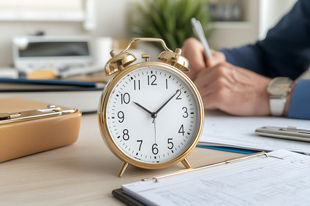 Close up of alarm clock on the table. Time management concept.