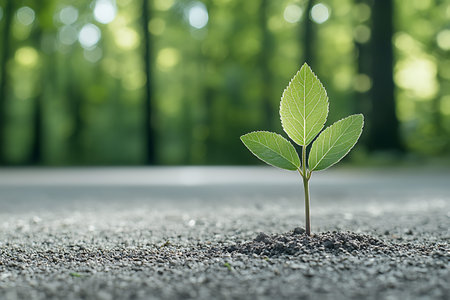 Young plant growing in soil on blurred green background. Ecology concept.