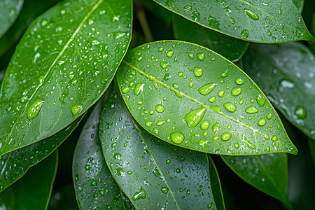 Green leaves with water drops close-up. Natural background. Macro.