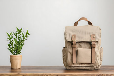 Brown backpack on wooden table and white wall background. 3d renderingの写真素材