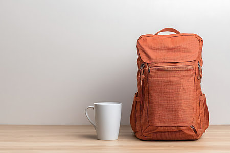 Backpack and cup of coffee on wooden table. 3d renderingの写真素材