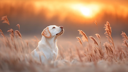 Labrador retriever dog in the meadow on the sunset backgroundの写真素材