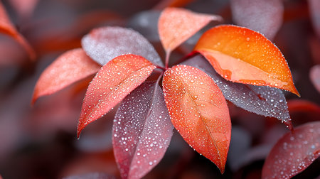 Beautiful red leaves with dew drops close-up macro photographyの写真素材
