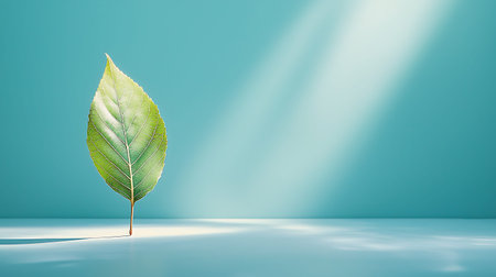 green leaf on a blue background, 3d render, square image