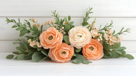 Bouquet of pink and orange ranunculus flowers on white wooden background