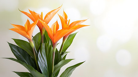 Bouquet of orange strelitzia flowers on green background