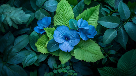Blue hydrangea flower in the garden with green leaf backgroundの写真素材