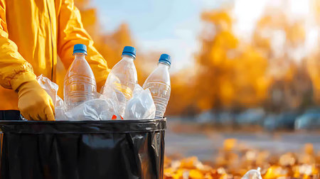 Woman throwing plastic bottles into trash bin outdoors, closeup. Recycling conceptの写真素材