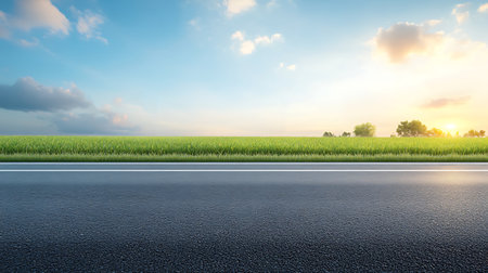Asphalt road and green grass with blue sky and white clouds.の写真素材