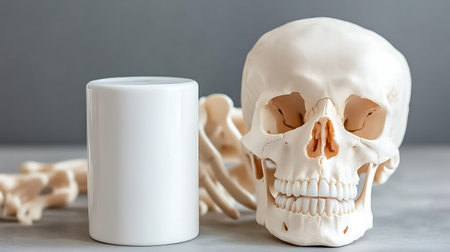 Human skull and white medical container on gray background. Copy space.