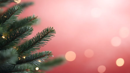 Christmas background with fir tree branches and bokeh lights, copy spaceの写真素材