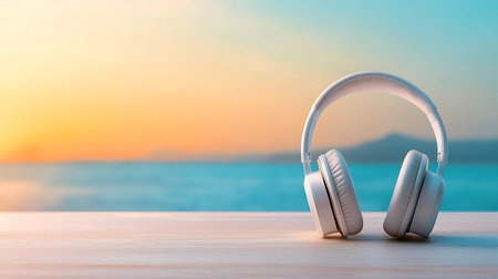 Headphones on wooden table over blurred sea and sunset sky background.
