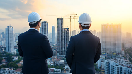Back view of engineer and architect looking at construction site with cityscape backgroundの写真素材