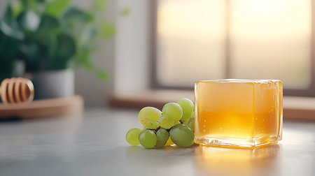 Glass of honey and green grapes on table in kitchen, closeupの写真素材