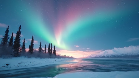 Northern lights over frozen lake and forest at night. 3d rendering