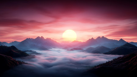 Foggy sunrise in the mountains. Landscape with fog.