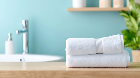 Stack of white towels on wooden table in bathroom interior, closeupの写真素材