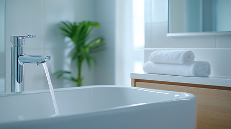 Modern bathroom with white bathtub and faucet, close up