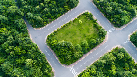 Aerial view of road and green forest in the city. Top view
