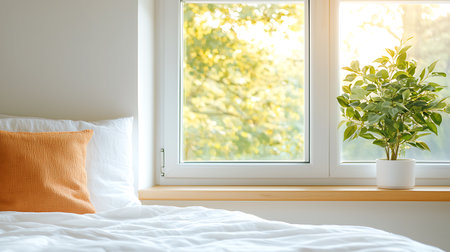 Orange pillow on white bed with sunlight in bedroom interior - Vintage Light Filterの写真素材