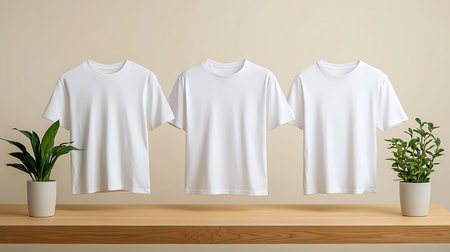 White t-shirts on a shelf in a room. 3d rendering