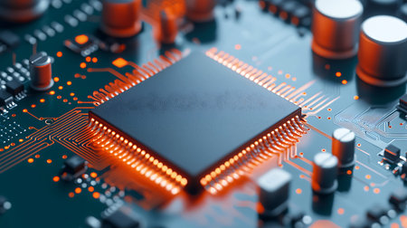 Close-up of electronic circuit board. Technology background. 3D Rendering