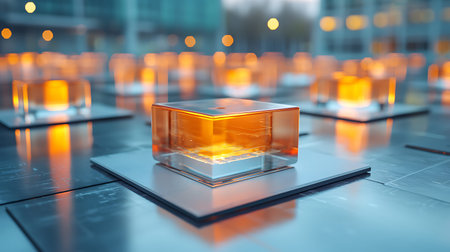 3d rendering of an orange glass cube on a table in a modern office